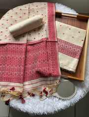 Loomed Luxury Red Jamdani Muga Cotton Unstitched Suit Set